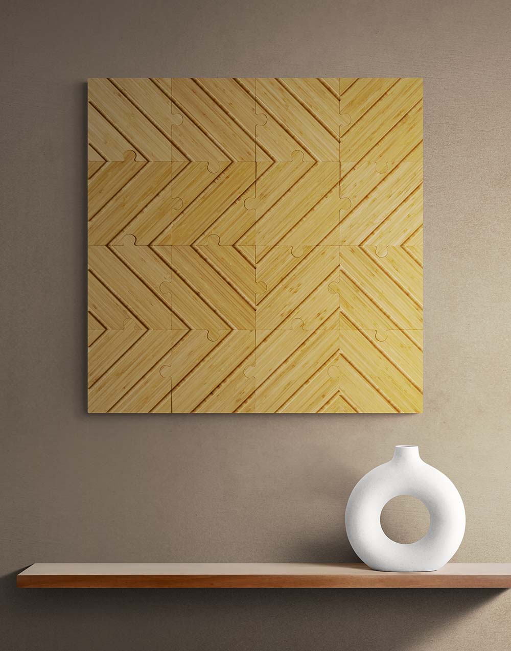 Omaha plyboo puzzle on a wall above a minimal display shelf