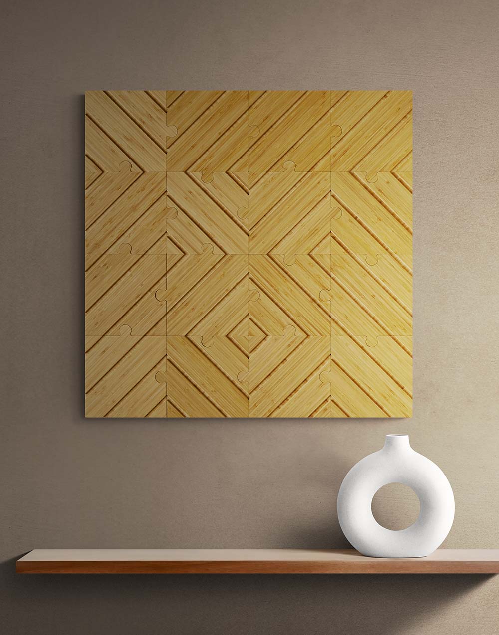 plyboo puzzle on a wall above a minimal display shelf