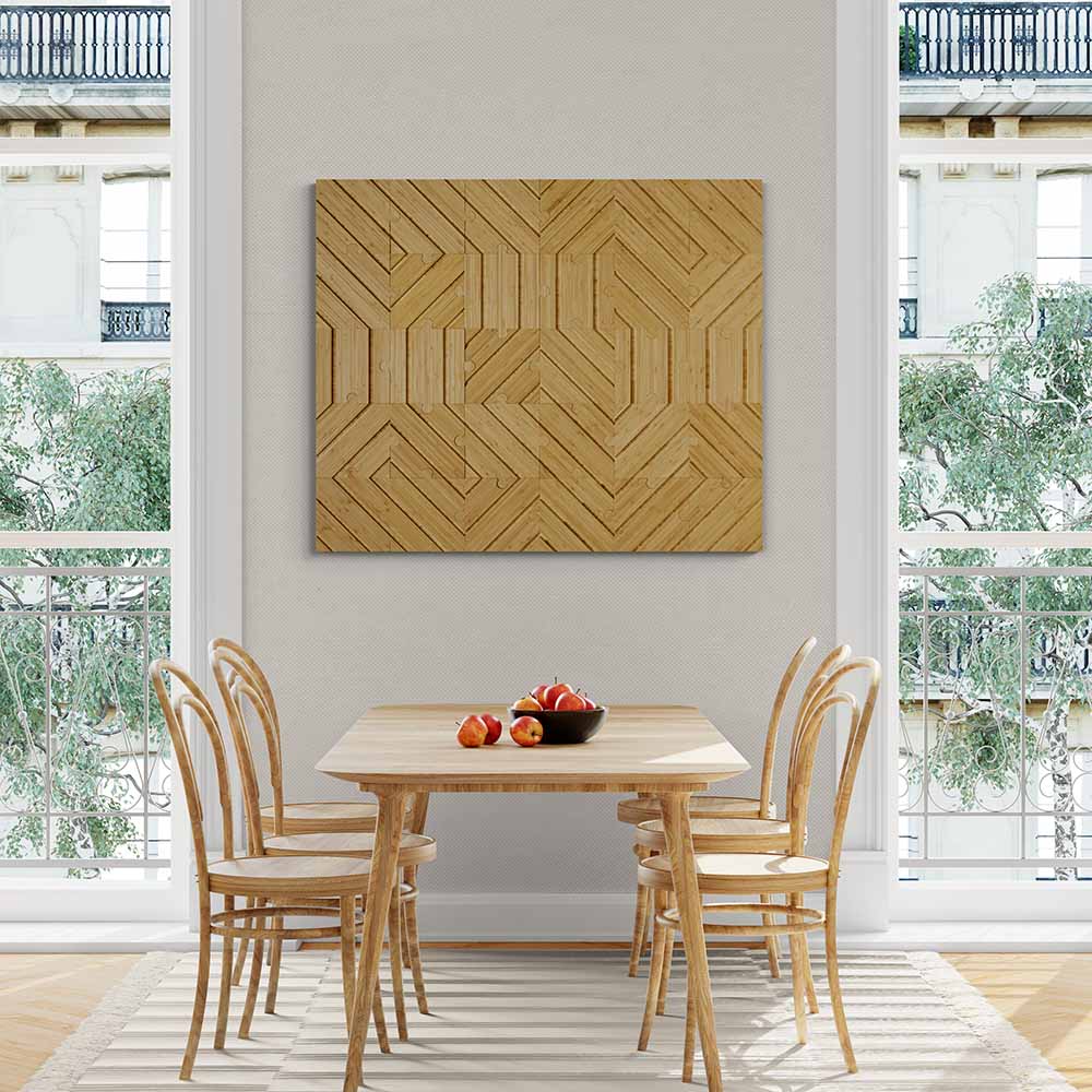 plyboo puzzle hanging on the wall above a kitchen table