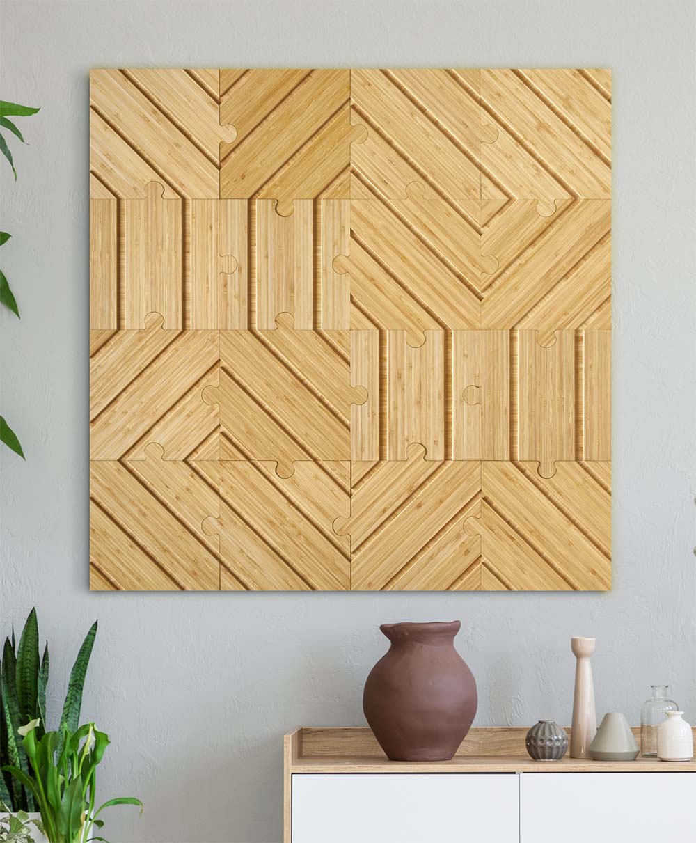 Joyful plyboo puzzle hanging on a wall above a modern shelf