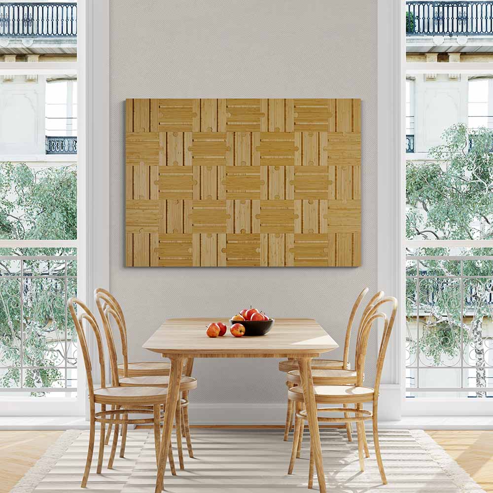 checker plyboo puzzle in a modern kitchen over a wooden dining table