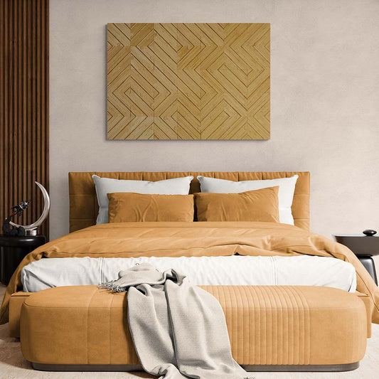 Labyrinth plyboo puzzle on the wall above a modern leaver orange bed 