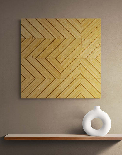 Omaha plyboo puzzle on a wall above a minimal display shelf