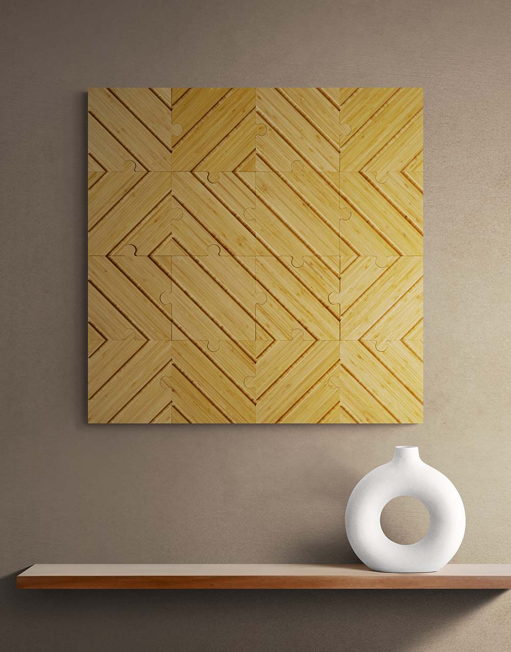 Tucson plyboo puzzle on a wall above a minimal display shelf