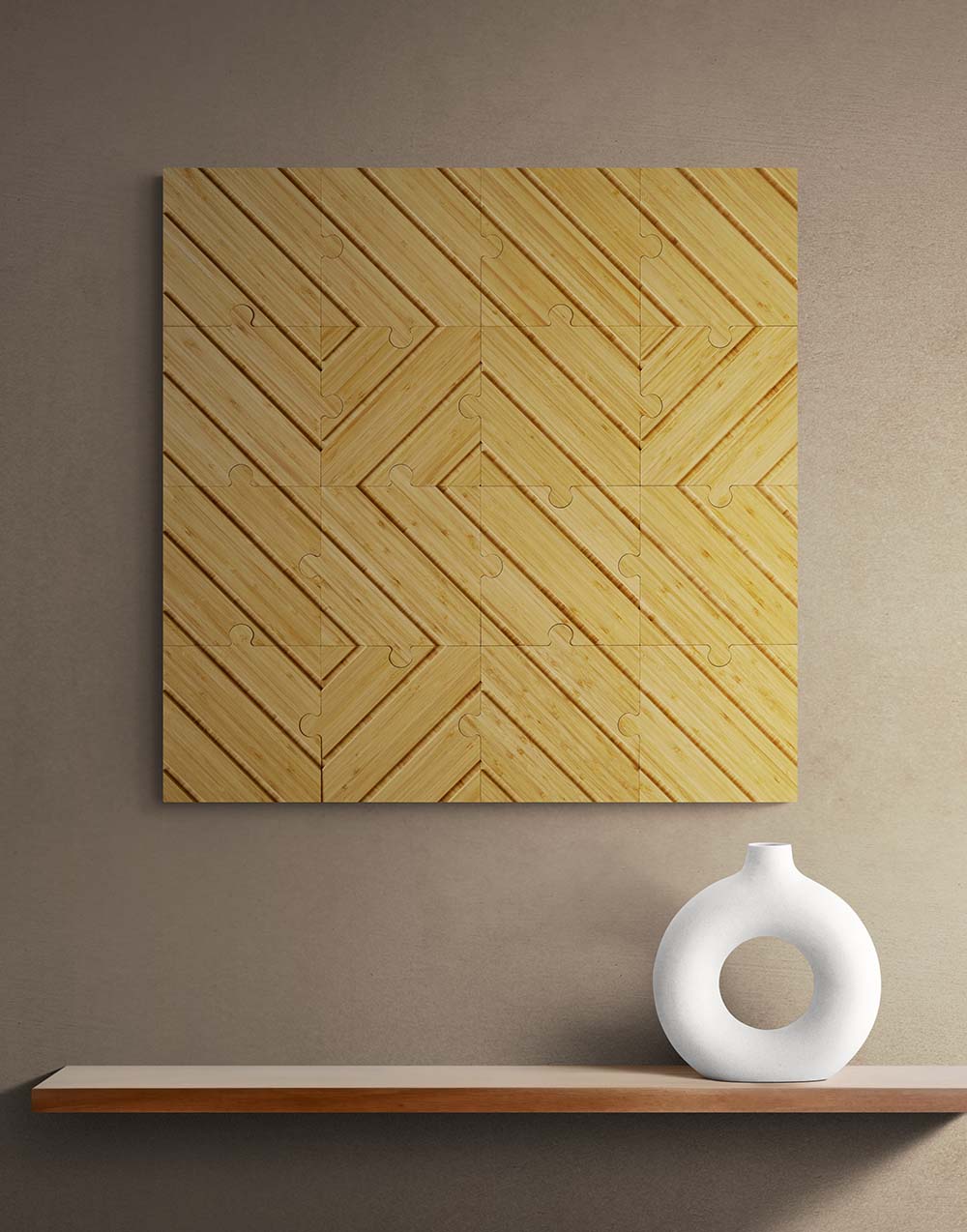 Meridian plyboo puzzle on a wall above a minimal display shelf