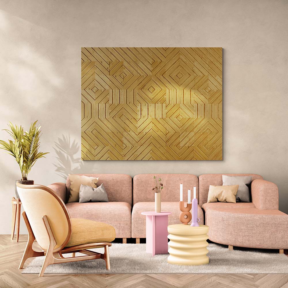 Plyboo puzzle on the wall in a modern living room with a pink couch